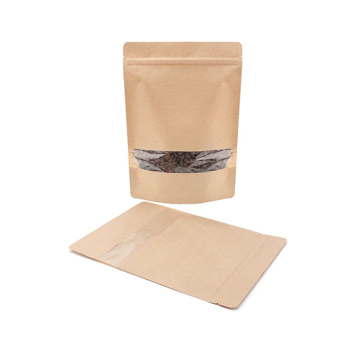 Resealable stand up brown Kraft paper zipper pouch bag with window